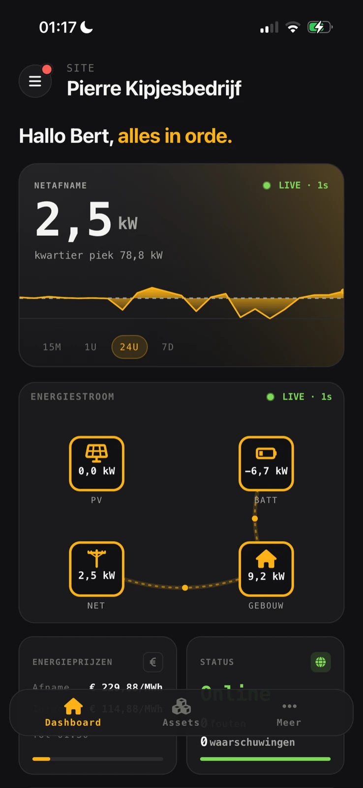 De Voltmasters-app met live energiestromen op een smartphone