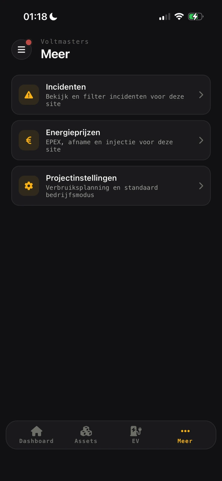 Het Meer-scherm van de Voltmasters app met Incidenten, Energieprijzen en Projectinstellingen