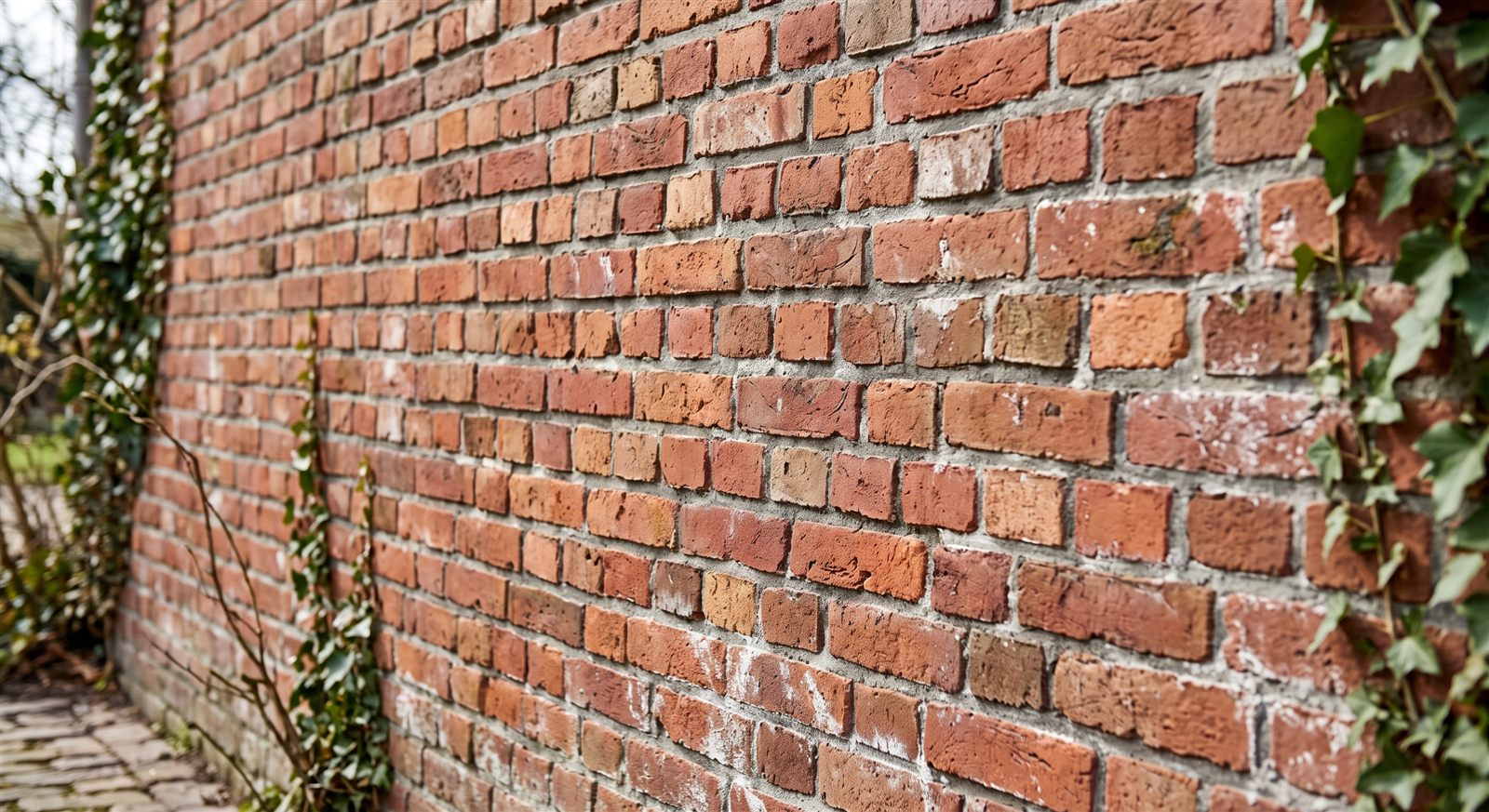 Close-up van een bakstenen gevelmuur met klimop, in documentairestijl gefotografeerd