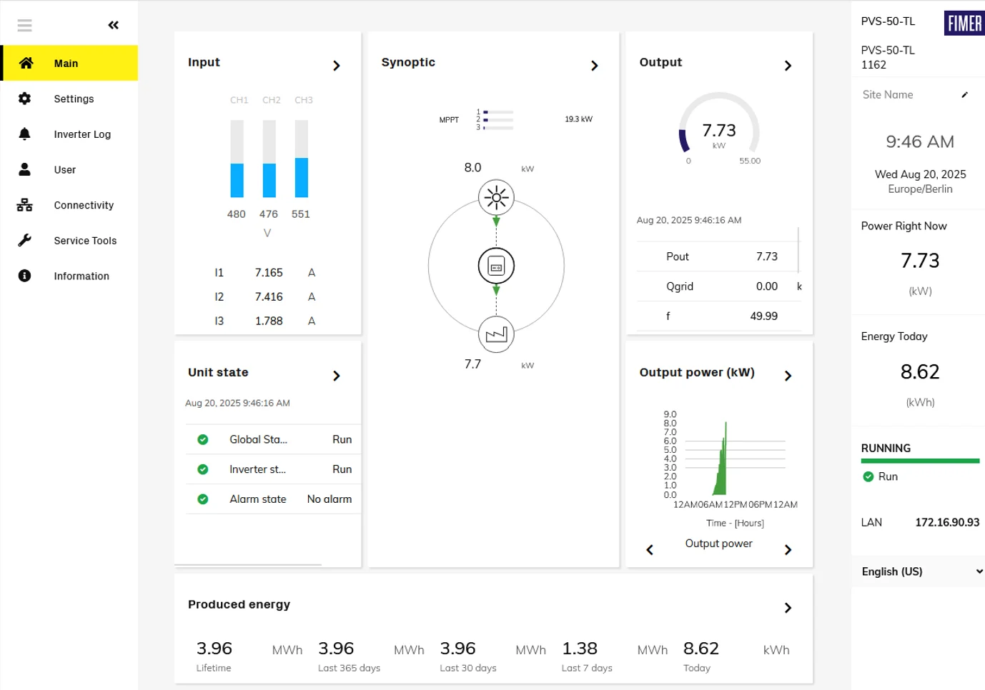 Het webdashboard van een ABB PVS-50-TL-omvormer met de ingangsspanningen en -stromen, het overzichtsschema, het uitgangsvermogen en de geproduceerde energie.