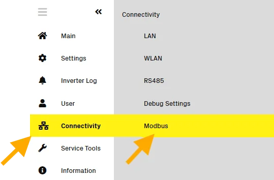 Het menu links van de ABB-omvormer met de instellingenpagina Modbus.