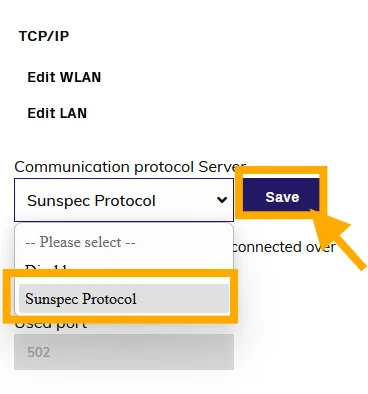 De Modbus-instellingen van de ABB-omvormer met de communication protocol server op Sunspec.