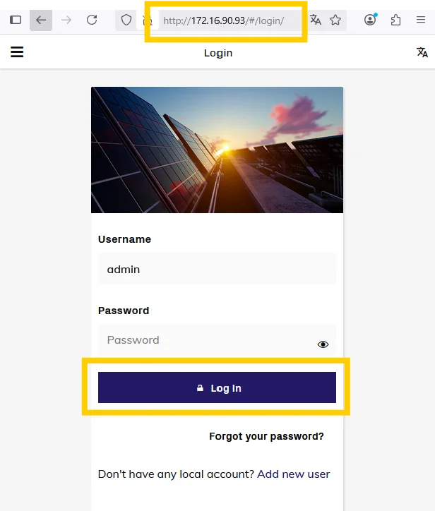 De aanmeldpagina van de webinterface van de ABB-omvormer.