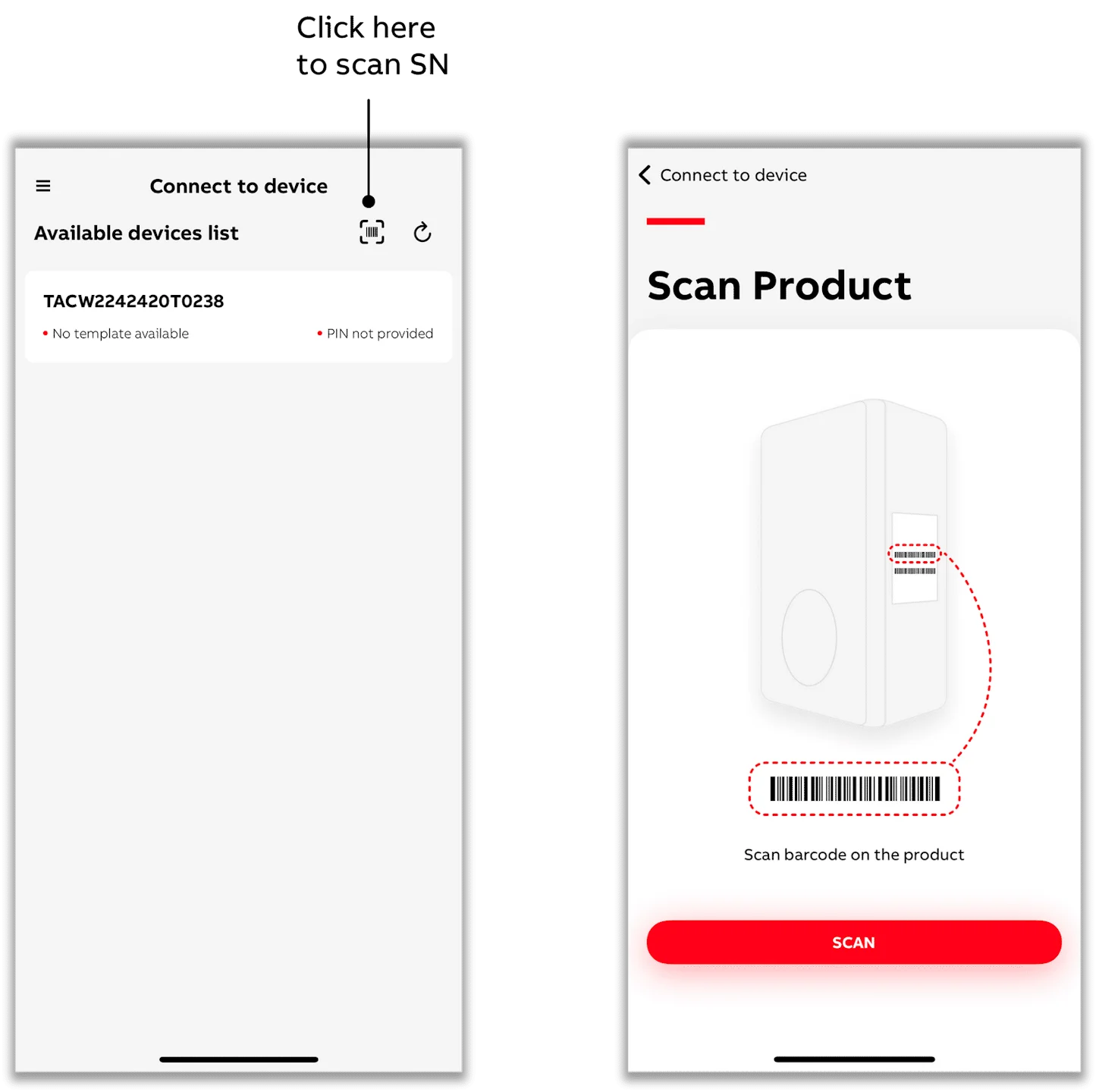 De TerraConfig-app met het scanpictogram op de toestellenlijst, en het scanscherm dat de barcode op de laadpaal leest.