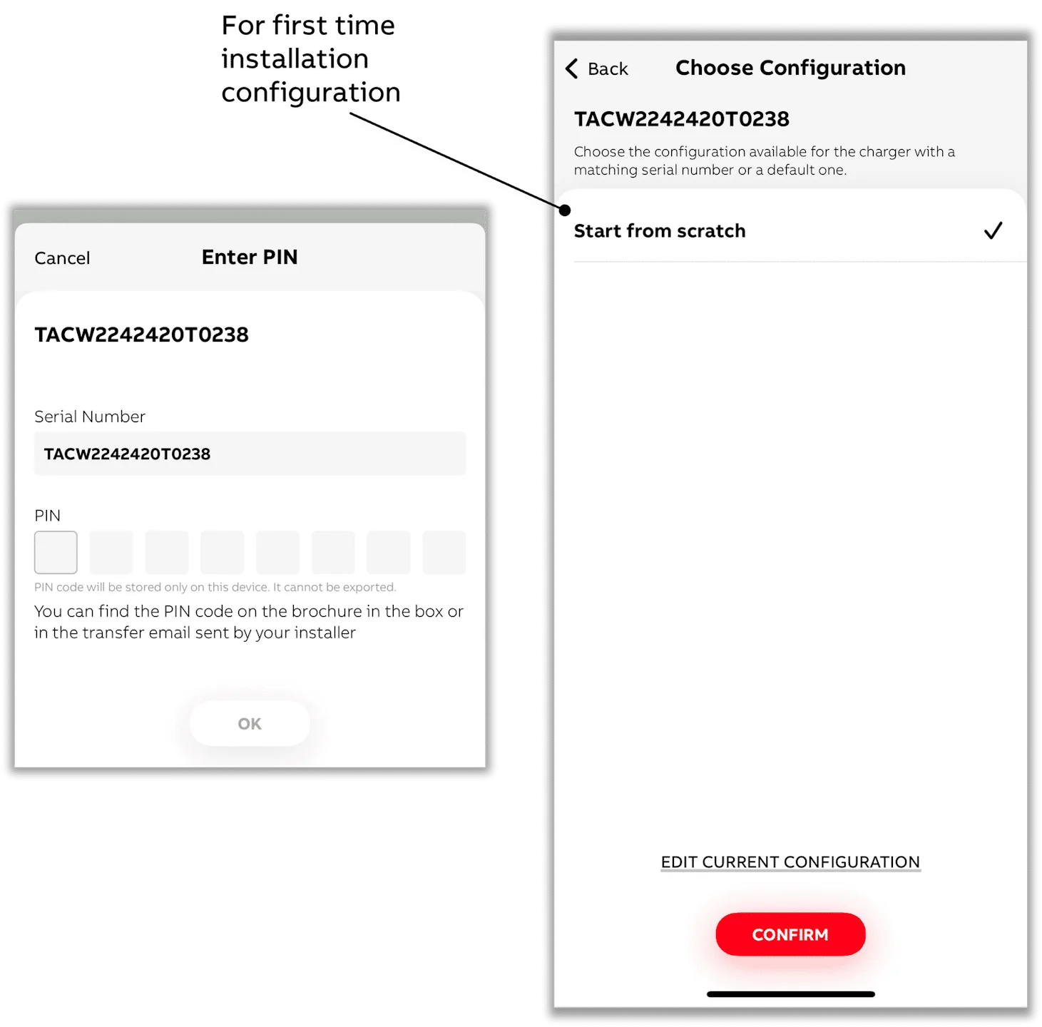 Het invoerscherm voor de pincode van TerraConfig bij het serienummer van de laadpaal, en het keuzescherm met start from scratch geselecteerd.
