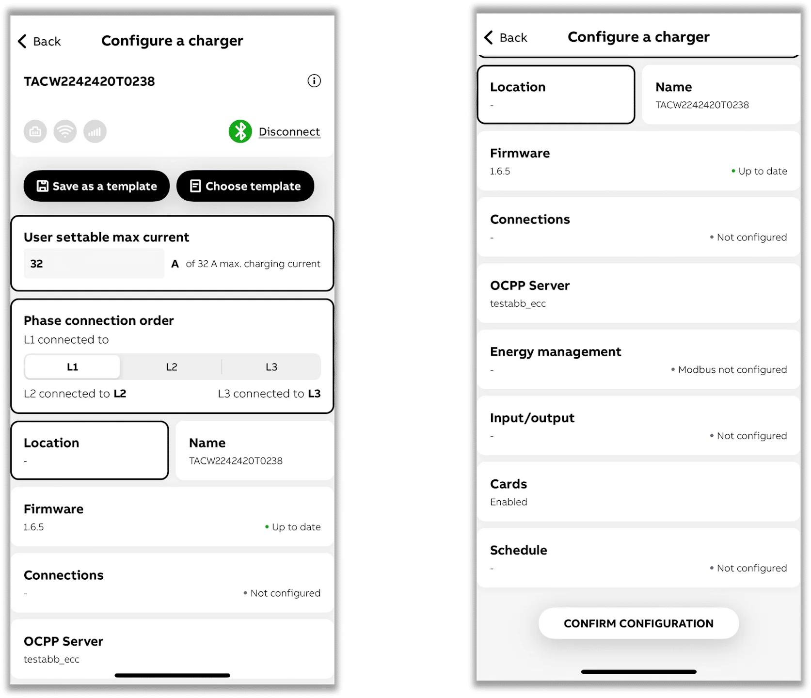 Het submenu Energy management in de TerraConfig-app.