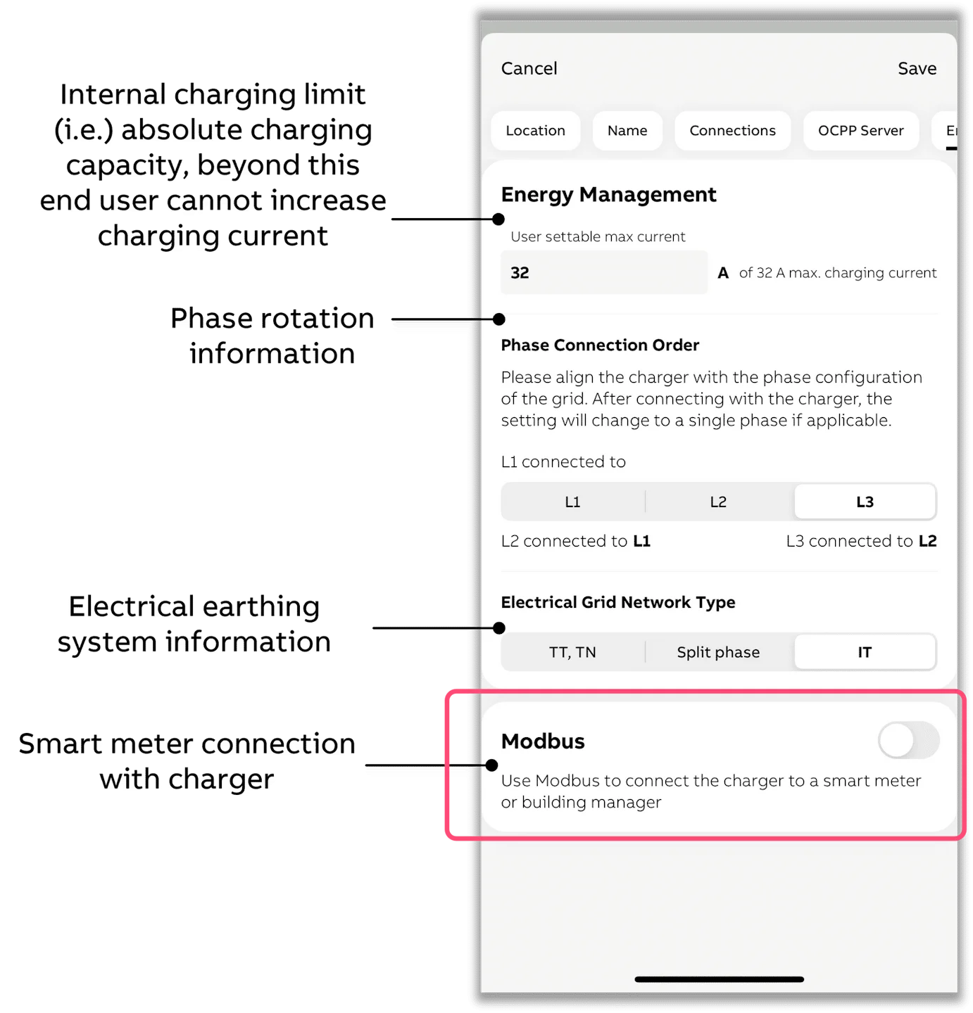 De schakelaar voor Modbus in de TerraConfig-app, aangezet.