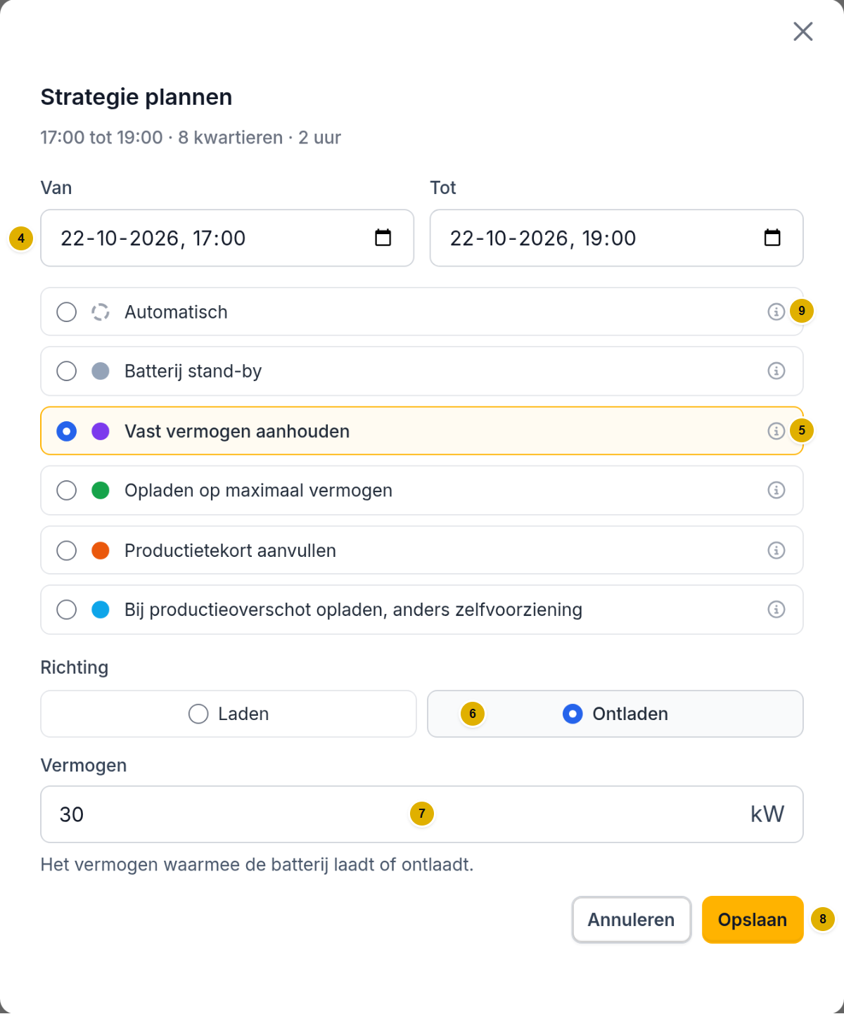 4: het tijdvak. 5: de actie. 6: laden of ontladen. 7: het vermogen in kW. 8: opslaan. 9: terug naar Automatisch.