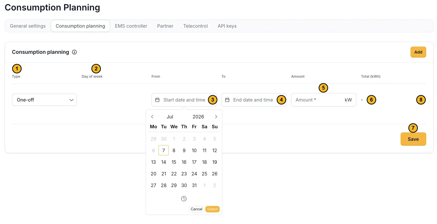 The Consumption planning screen with eight numbered parts. 1: Type. 2: Day of week. 3: Start date and time. 4: End date and time. 5: Amount in kW. 6: Total (kWh). 7: Save. 8: the bin to delete a row. The date picker is open on July 2026.
