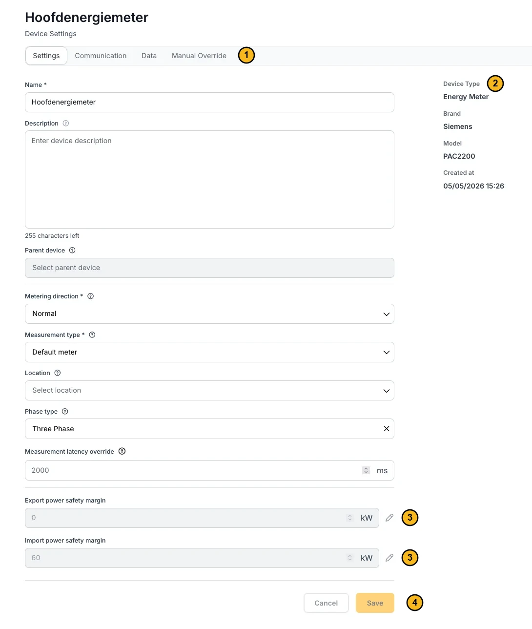 The Settings tab of an energy meter with four numbered parts. 1: the tabs Settings, Communication, Data and Manual Override. 2: Device Type, Brand, Model and Created at. 3: the pencils next to Export power safety margin and Import power safety margin. 4: the Save button. In between, the fields Name, Description, Parent device, Metering direction, Measurement type, Location, Phase type and Measurement latency override.