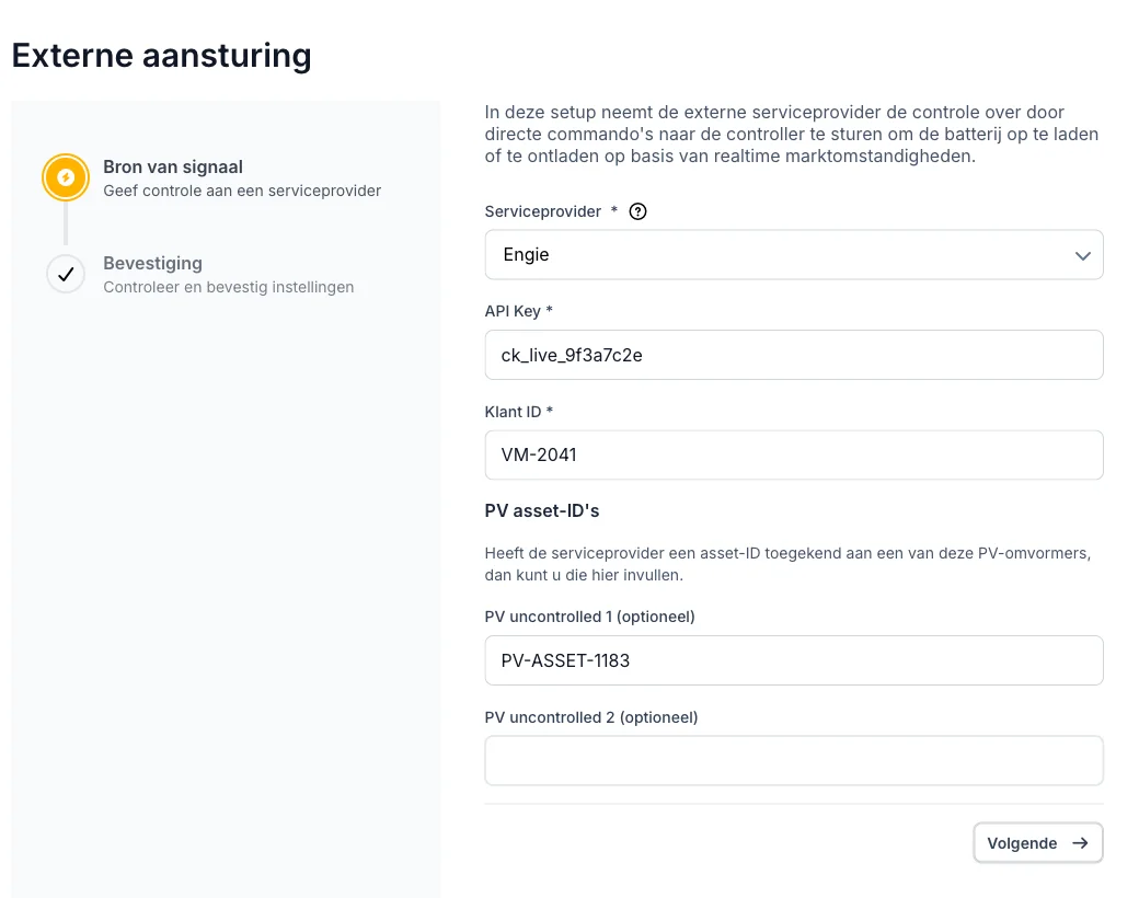 Voltmasters EMS: de configuratiestap voor Engie met een optioneel PV asset-ID per niet-aanstuurbare omvormer