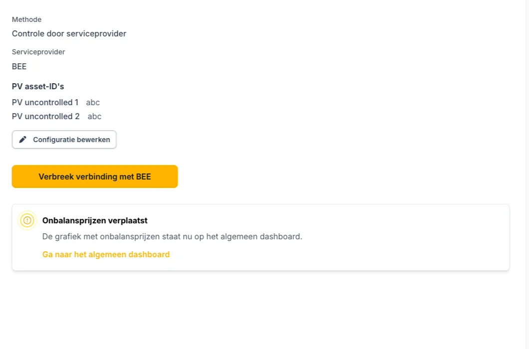 Voltmasters EMS: een aangesloten BEE-configuratie met de gekoppelde PV asset-ID's en de knop om de configuratie te bewerken