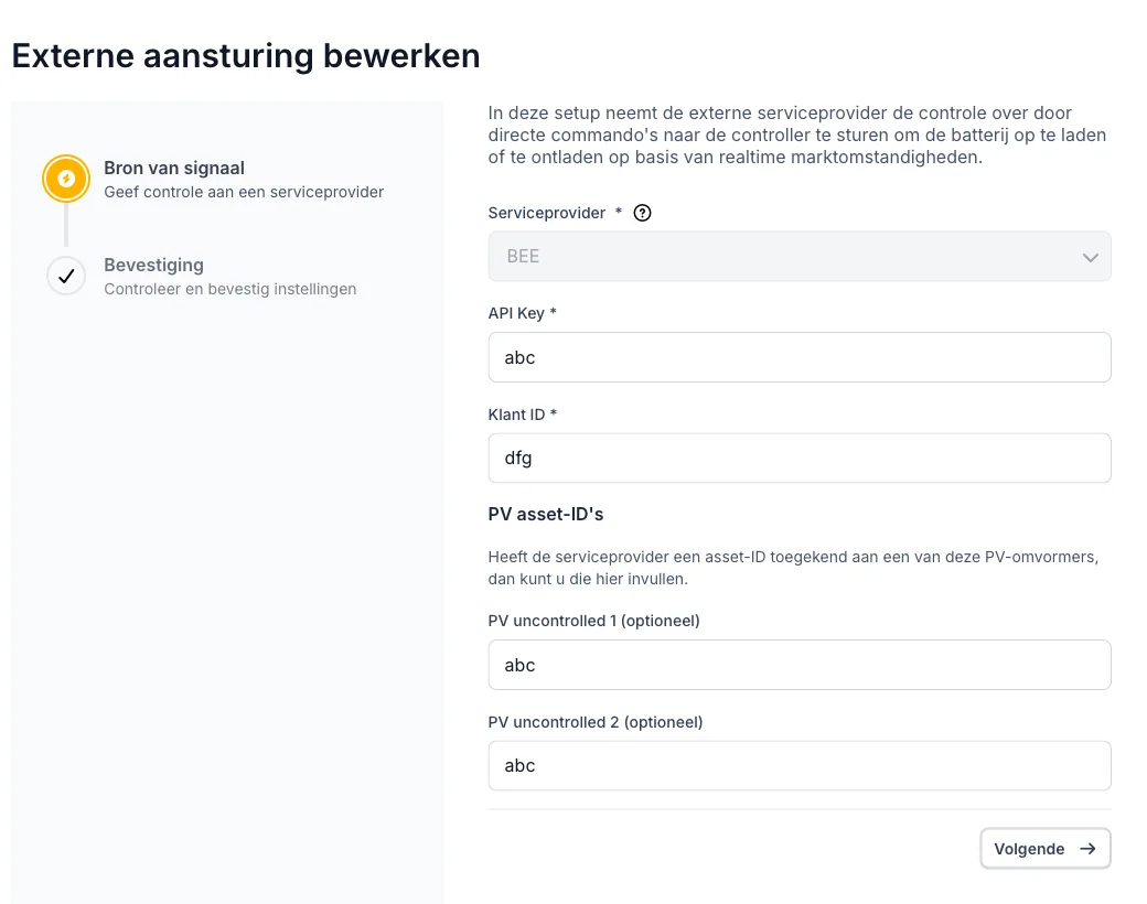 Voltmasters EMS: de bewerkwizard voor BEE met de gegevens en PV asset-ID's al ingevuld en de provider vastgezet
