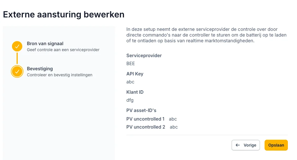 Voltmasters EMS: de bevestigingsstap van de bewerkwizard met de gegevens en de gekoppelde PV asset-ID's
