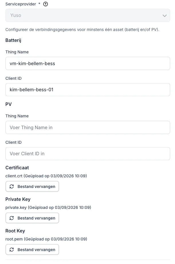 Voltmasters EMS: de bewerkwizard voor Yuso met het bewaarde certificaat, de private key en de root key elk met een knop om het bestand te vervangen