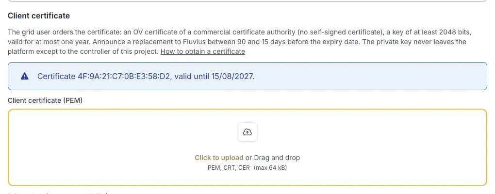 Voltmasters EMS: het deel Client certificate van de day-aheadinstellingen, met de vingerafdruk en de vervaldatum van het opgeslagen certificaat boven de uploadvelden