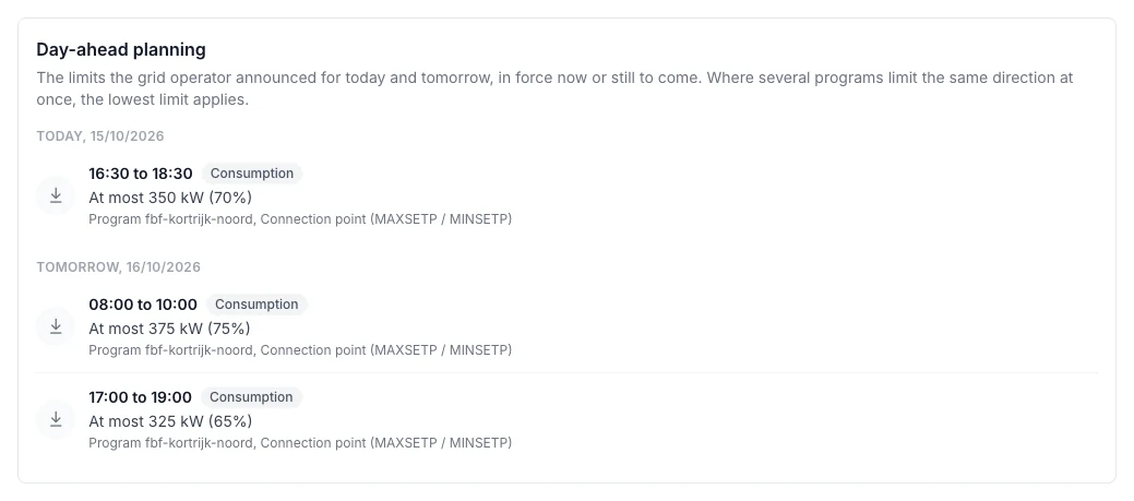 Voltmasters EMS: Day-ahead planning block with a consumption limit of 350 kW from 16:30 to 18:30 today and two limits tomorrow, each with its program and reference power
