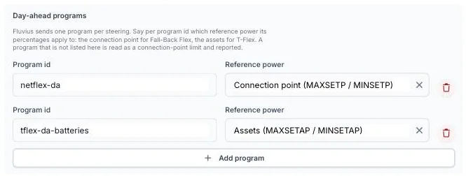 Voltmasters EMS: de lijst met day-aheadprogramma's in de Fall-Back Flex-instellingen, met per Fluvius-programma-id het referentievermogen