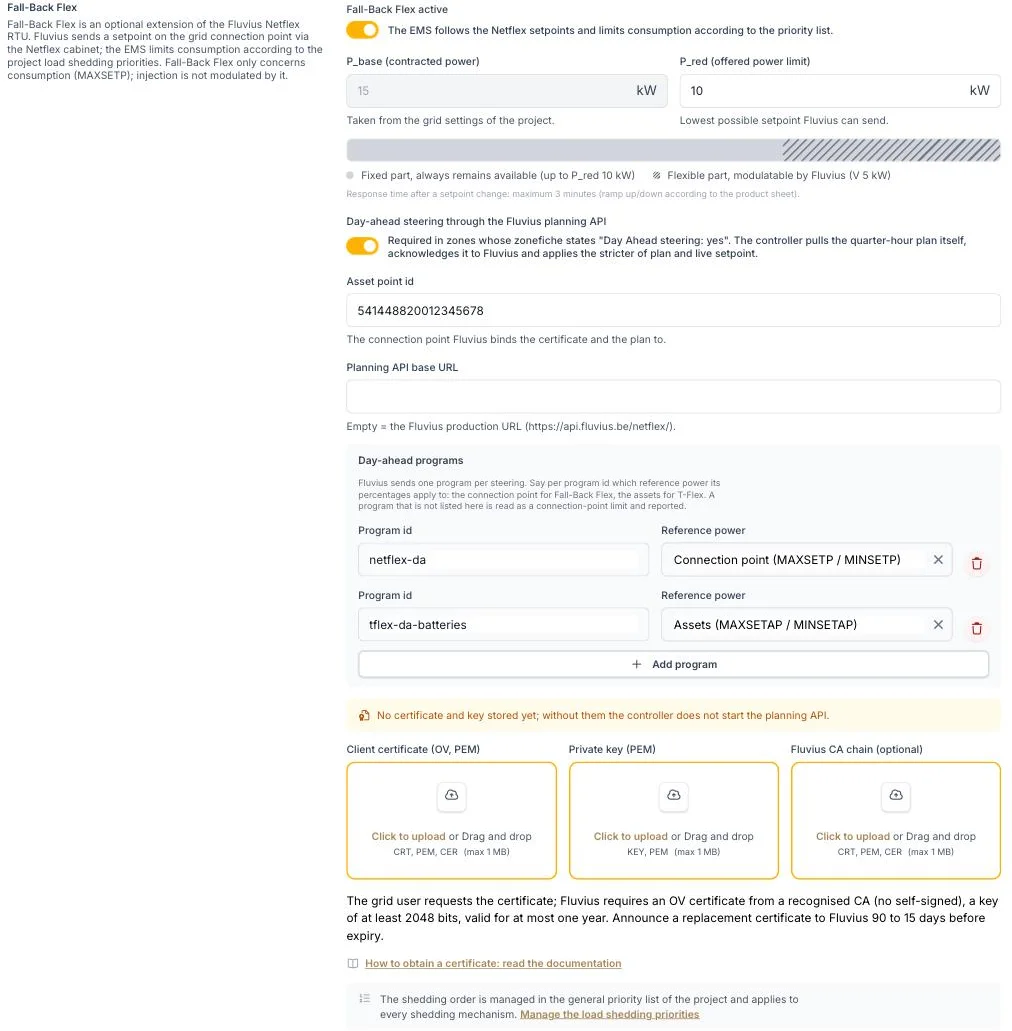 Voltmasters EMS: de sectie Fall-Back Flex in de Fluvius DSO RTU-instellingen, met P_base, P_red, de schakelaar voor de day-aheadplanning, de day-aheadprogramma's en het opladen van de certificaten