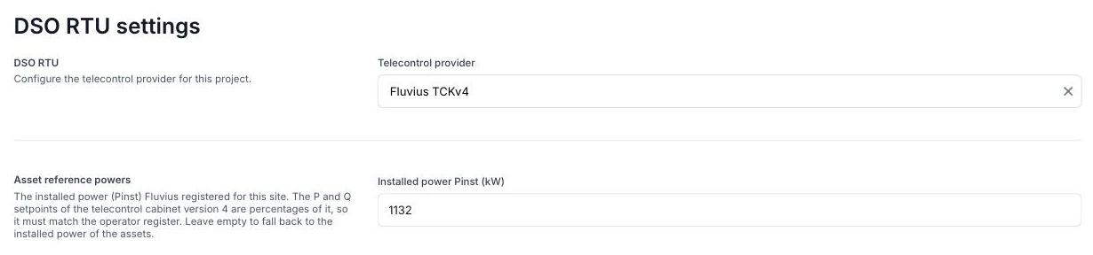 DSO RTU settings with the provider Fluvius TCKv4 and the installed power Pinst