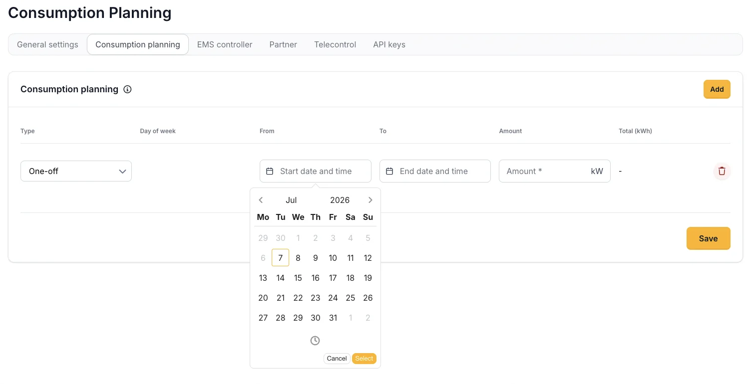 The consumption planning tab with a one-off entry, the date picker open on the start date, and the amount in kW.
