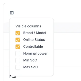 The visible columns menu of the device list, with brand and model, online status and controllable ticked.