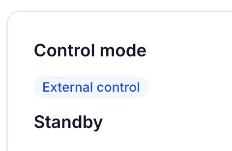 The control mode card with the external control badge and the standby mode below it.