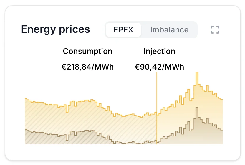 The energy prices card on the EPEX tab, with the current consumption and injection price and both price curves over the day.