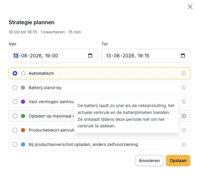 The plan strategy dialog, in Dutch, with Automatic selected and a tooltip explaining what that strategy does.