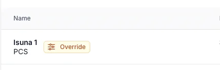A row in the device list with an Override badge next to the device name, marking a manual override that is running or still planned.