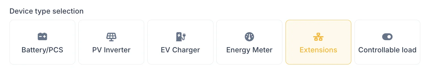 The device type selection with Extensions highlighted, alongside battery or PCS, PV inverter, EV charger, energy meter and controllable load.