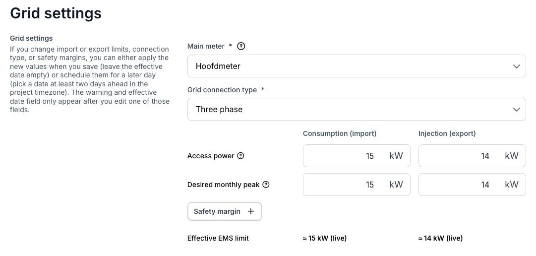Voltmasters EMS: de pagina met de netinstellingen en het toegangsvermogen voor afname en injectie