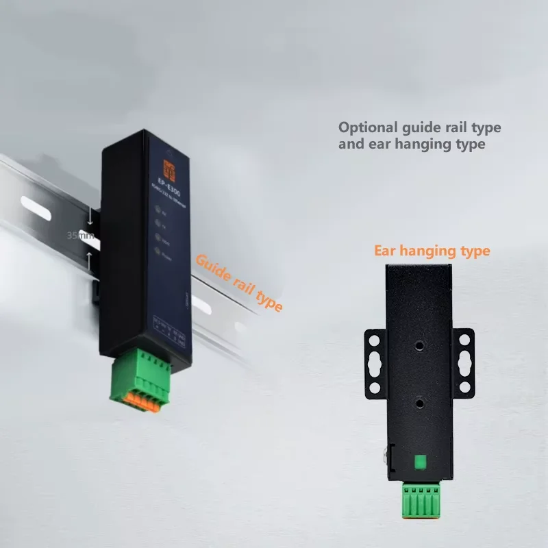 De EP E300-converter in zijn twee montagevormen: op een DIN-rail van 35 mm, en met montagebeugels aan de zijkant.