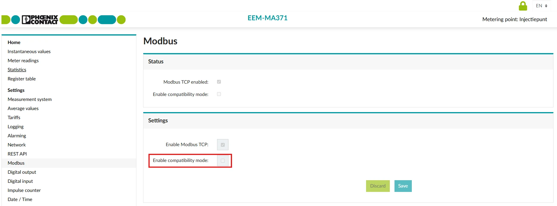 De Modbus-pagina van de webinterface van de Phoenix Contact EEM-MA371, met het vakje voor de compatibiliteitsmodus uitgelicht en niet aangevinkt.