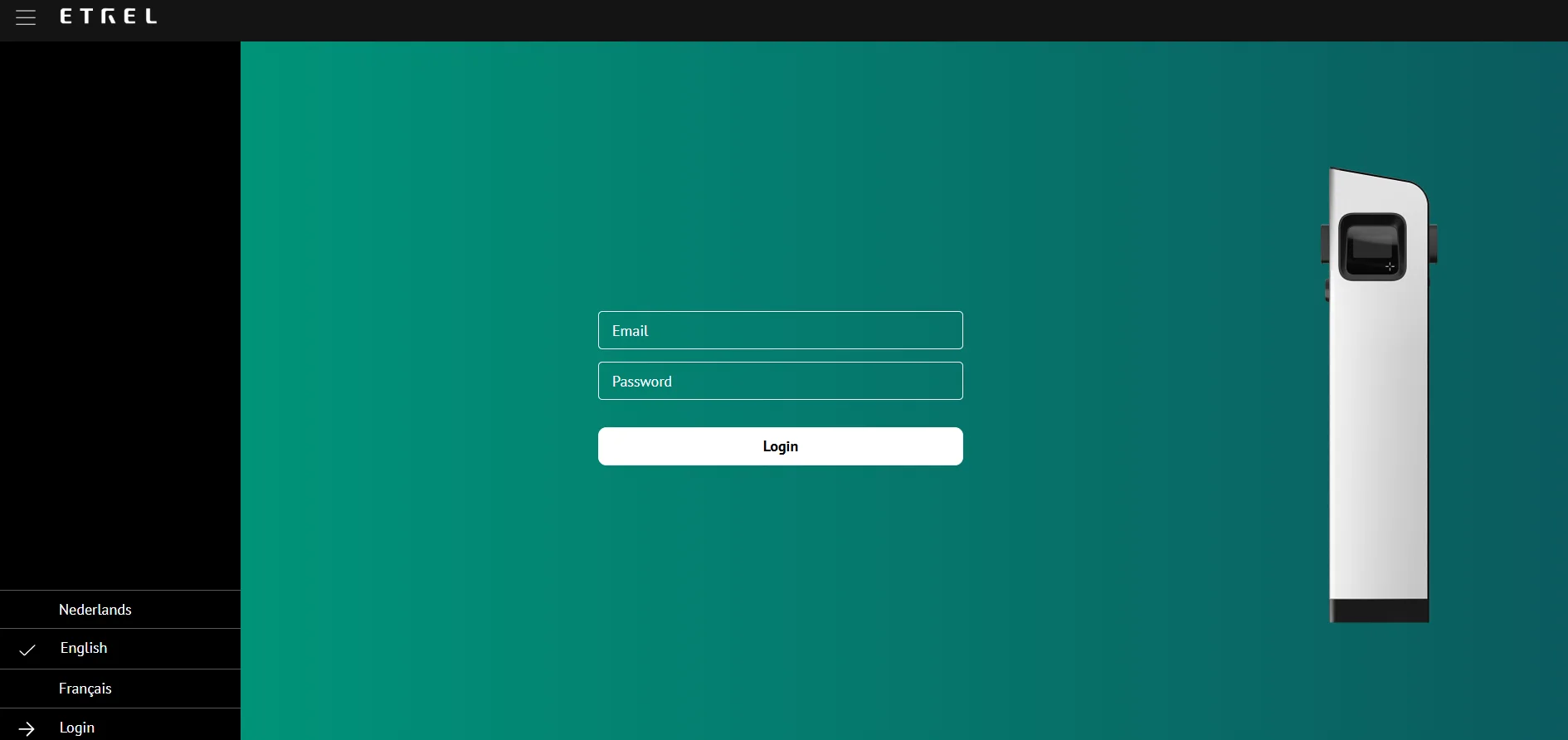 De aanmeldpagina van de webinterface van de Etrel-laadpaal, met de taallijst open op English.
