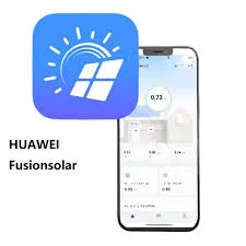 Het pictogram van de Huawei FusionSolar-app naast een telefoon waarop de app draait.