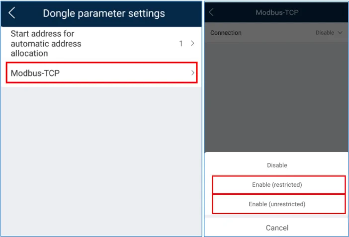 De dongle-parameterinstellingen in de FusionSolar-app met Modbus-TCP gekozen, en de verbindingsopties Enable restricted en Enable unrestricted.
