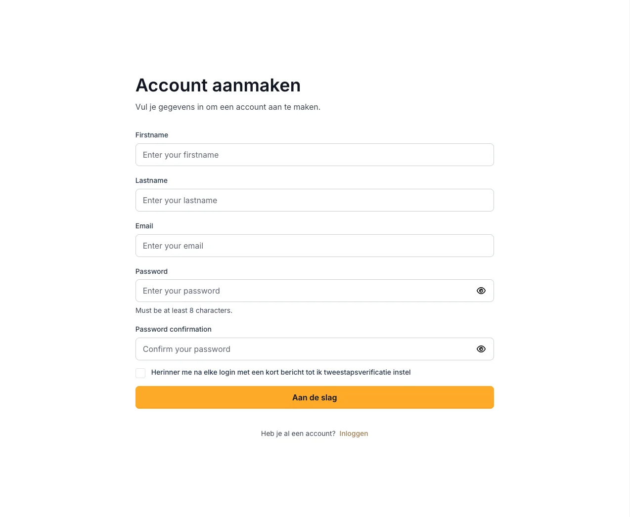 Het aanmeldformulier van Voltmasters met velden voor voornaam, familienaam, e-mailadres en wachtwoord, en de knop om te beginnen eronder.
