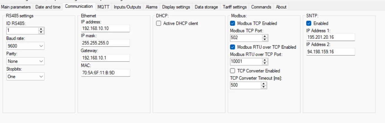 Het tabblad Communication van de metersoftware met de RS485-instellingen, het ethernetadres, Modbus TCP op poort 502 en Modbus RTU over TCP op poort 10001.