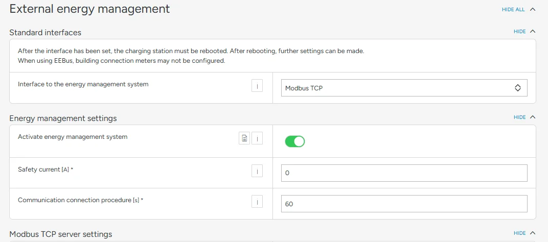 The Mennekes external energy management page with the interface set to Modbus TCP, the energy management system activated, a safety current of 0 A and a 60 second communication procedure.