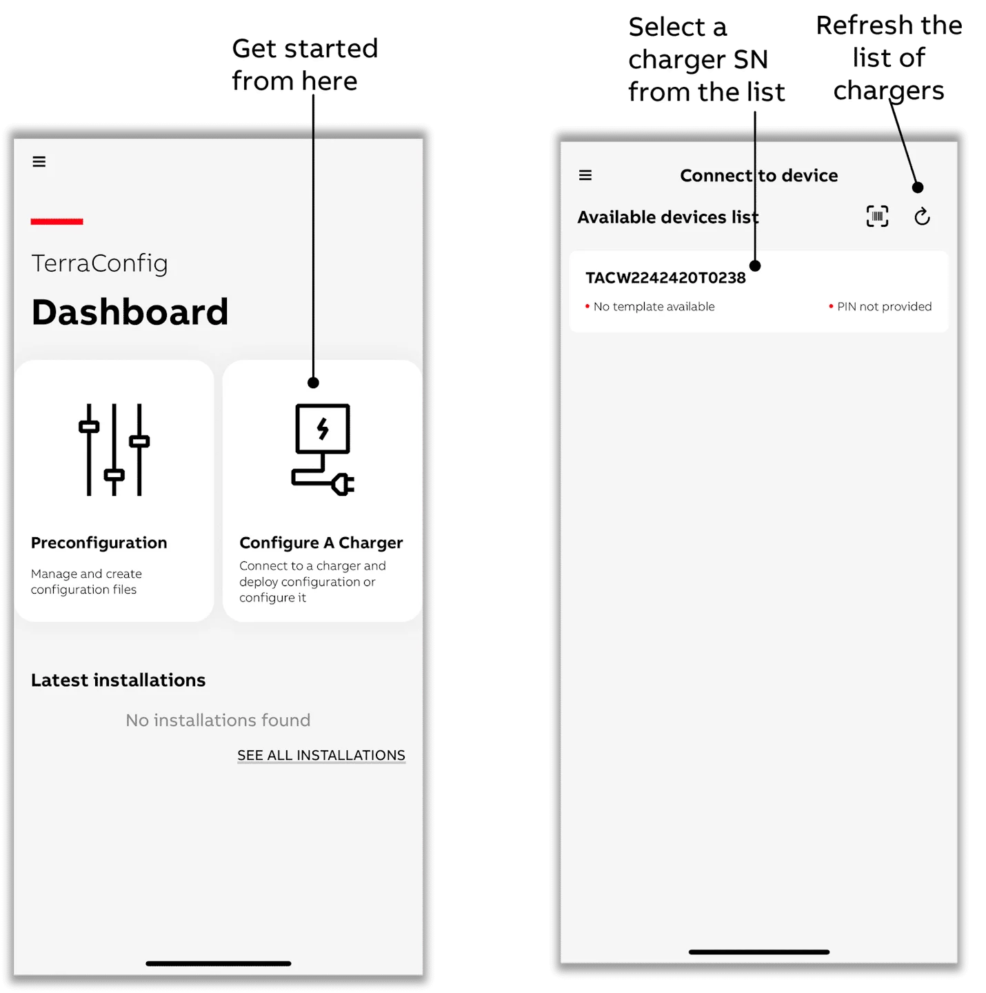 De ABB TerraConfig-app op twee telefoonschermen: het dashboard waar Configure a charger het proces start, en de toestellenlijst waar je het serienummer van de laadpaal kiest.