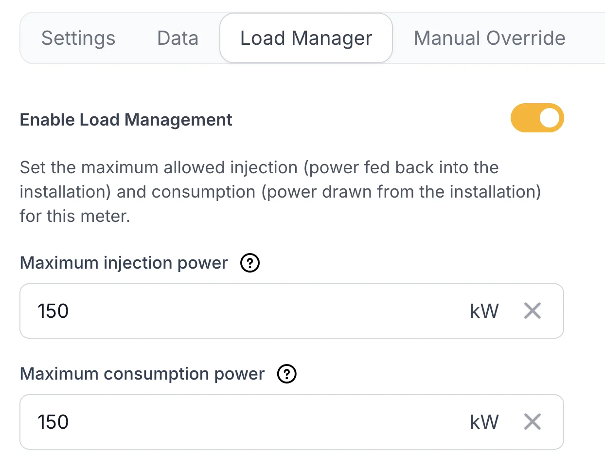 Voltmasters EMS: het tabblad Load manager op een energiemeter