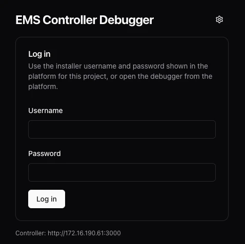 L’écran de connexion de l’interface locale du contrôleur EMS, avec les champs Username et Password et le bouton Log in.
