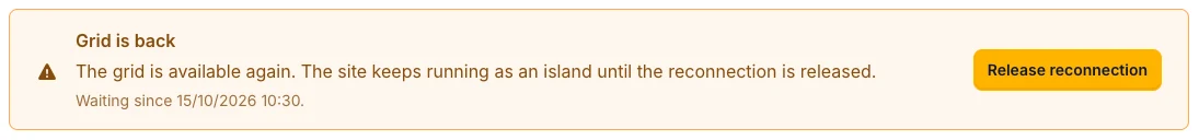 Voltmasters EMS: banner Grid is back with the message that the site keeps running as an island until the reconnection is released, and the Release reconnection button
