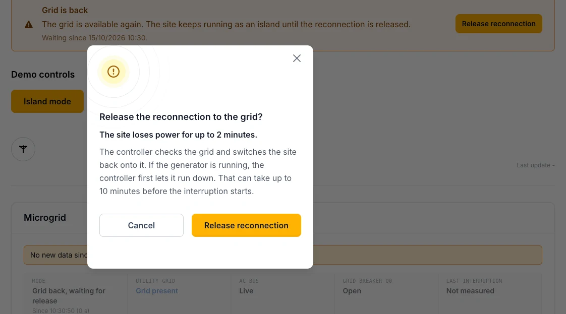 Voltmasters EMS: confirmation window Release the reconnection to the grid, stating the site loses power for up to 2 minutes