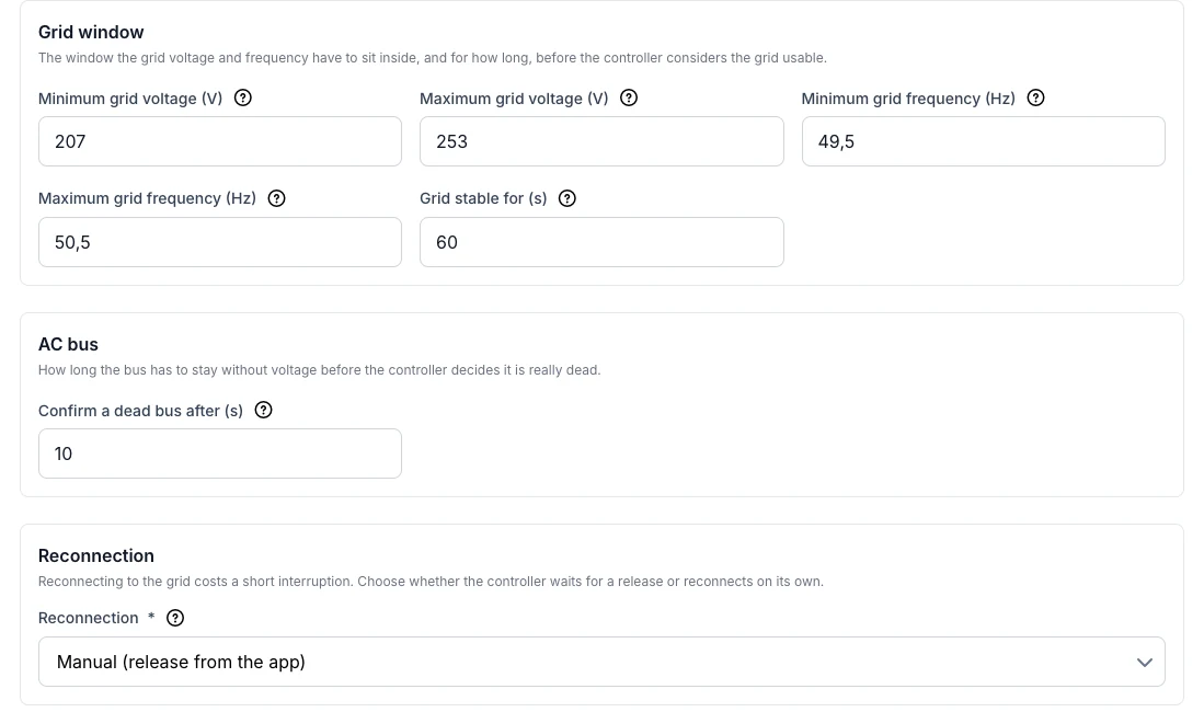 Voltmasters EMS: microgrid settings with the grid window, the AC bus and the reconnection groups
