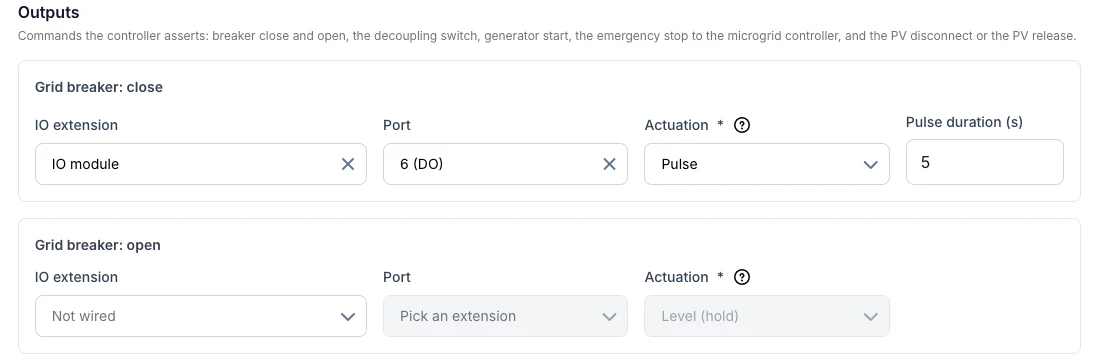 Voltmasters EMS: IO roles for the outputs, with Grid breaker: close on a digital output with pulse actuation of 5 seconds