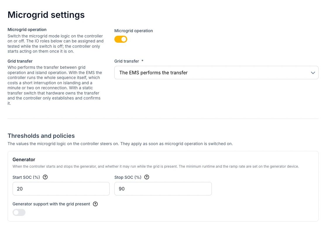 Voltmasters EMS: Microgrid settings with the Microgrid operation switch, the Grid transfer setting and the generator thresholds