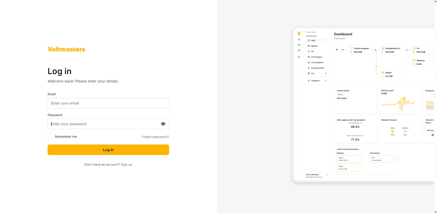 The login screen of the Voltmasters platform, with the Email and Password fields, the Remember me checkbox, the Forgot password? link, the Log in button and below it the Sign up link to create an account.