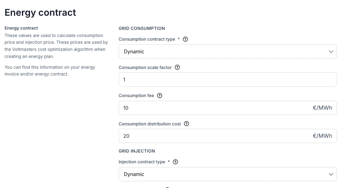 The energy contract form with a grid consumption section and a grid injection section, each with its own contract type.